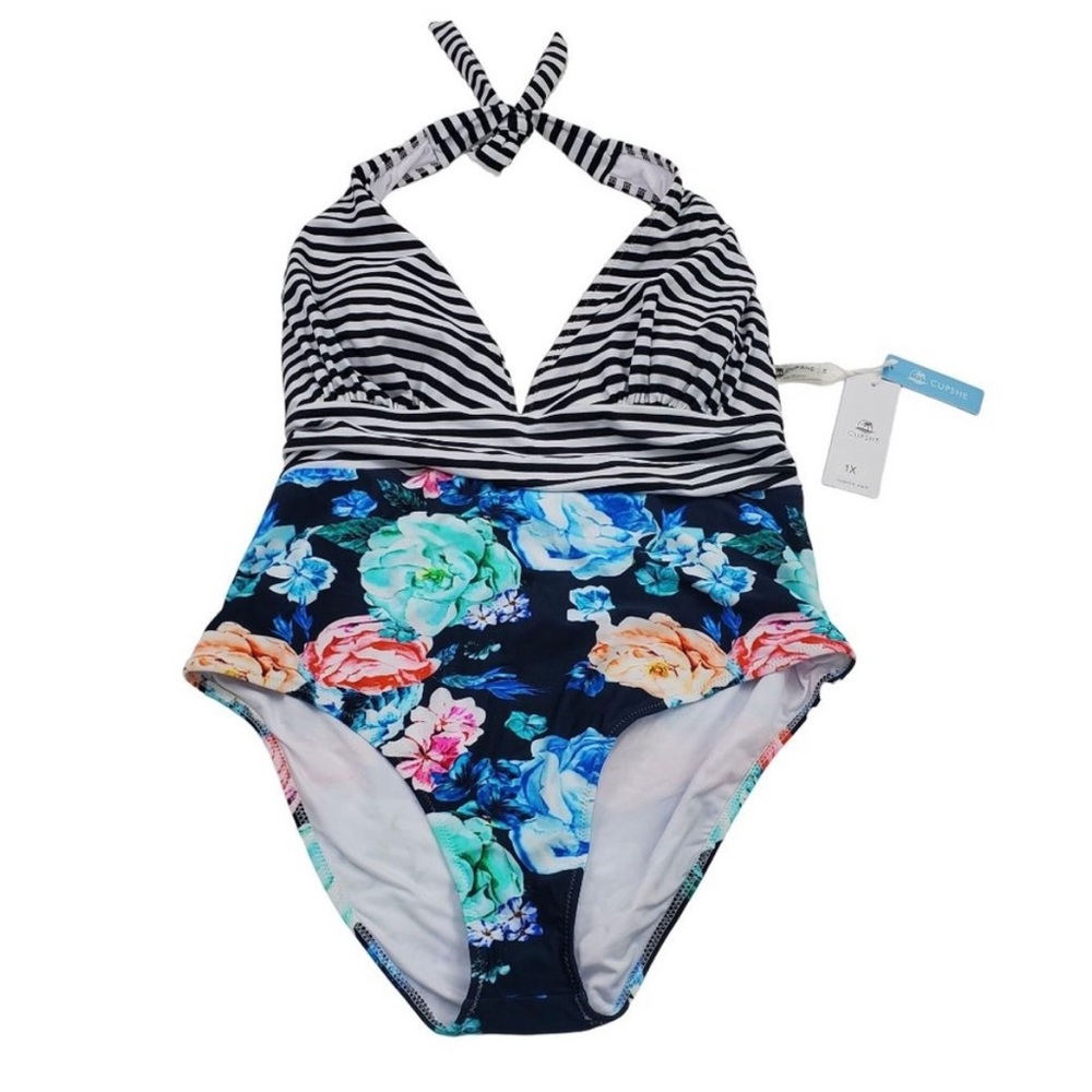 Cupshe Womens Striped Floral One-Piece Swimsuit 1X V-Neck Bathing Suit NWT